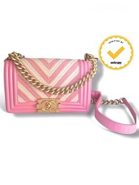 Chanel Small Boy Bag Pink Chevron Braided Gold HW Series 23 Entrupy COA Dust Bag